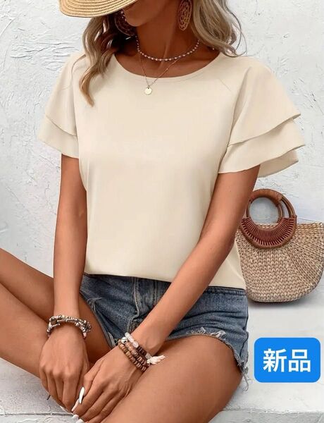 半袖 トップス ブラウス Tシャツ フリル袖 L. 新品