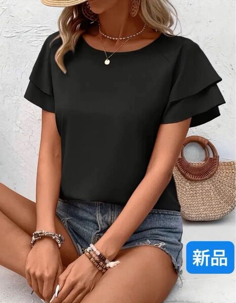 半袖 トップス ブラウス Tシャツ フリル袖 L. 新品