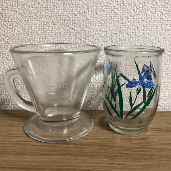 レトロ グラス 計量カップ? ガラス カキツバタ? コップ EVER CUP 昭和 当時物