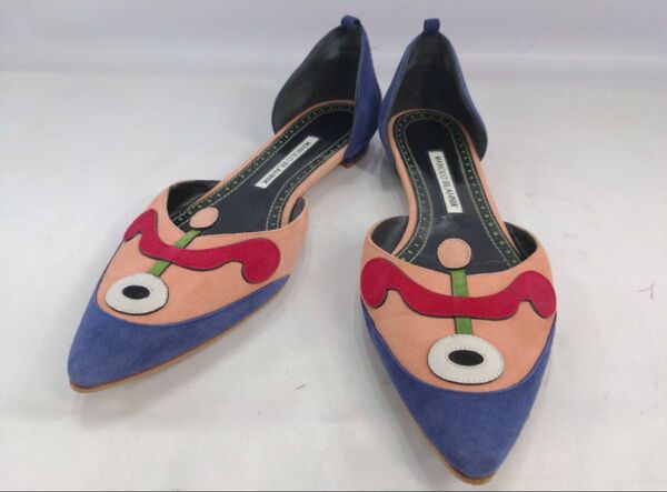 vintage MANOLO BLAHNIK マノロブラニク ポインテッドトゥ フラットシューズ アートモチーフ パンプス 25