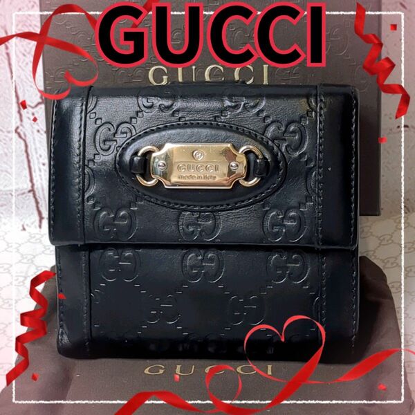 【美品】GUCCI グッチ 二つ折り財布 シマ レザー 本革 ゴールドロゴプレート Wホック 145747/ブラックC