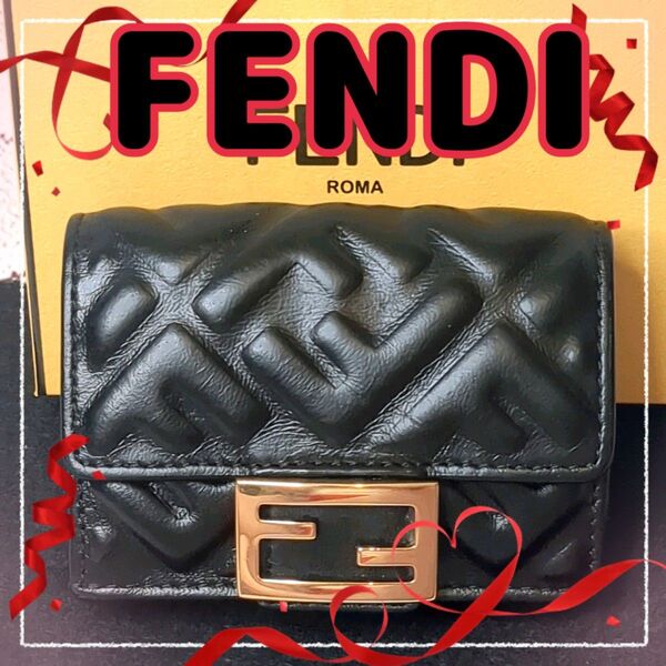 【美品】FENDI フェンディ 三つ折り財布 バゲット マイクロ ナッパレザー 小銭入れ W ホック 8M0395/ブラックB