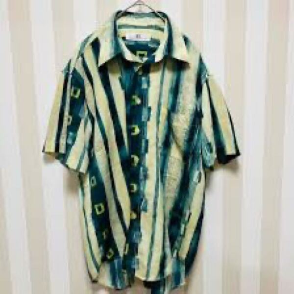 【◎ビンテージ 幾何学模様 テロテロ生地アロハシャツ◎】 古着 アロハシャツ 総柄 半袖シャツ 90sビンテージ