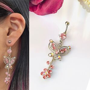 79:ボディピアス へそピアス 蝶々 バナナバーベル 14G ジルコン キラキラ 可愛い