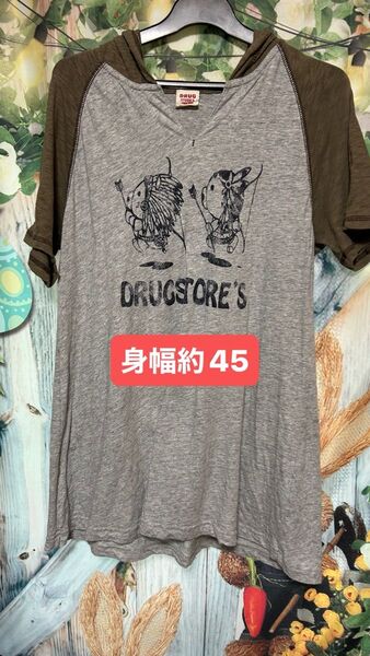 DRUG STORE'S Tシャツ レディース グレー フード付き
