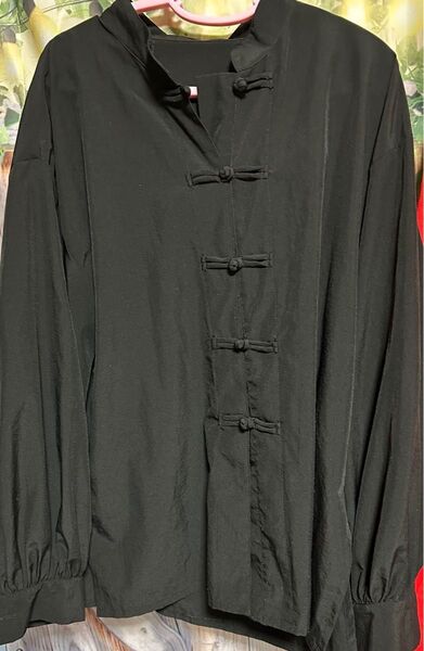 *チャイナ服風トップス ブラック ゆったり Lサイズ