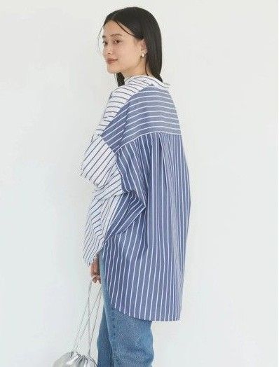 AMERICAN HOLIC イージーケアバンドカラーBIGシャツチュニック ストライプ М