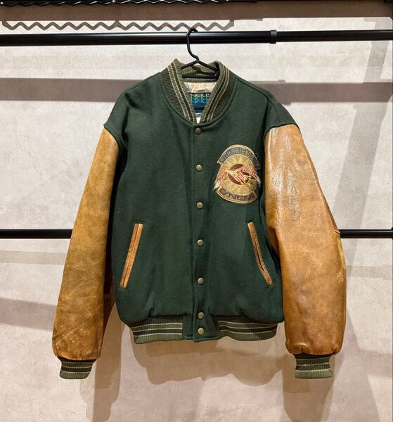 O'Neill(オニール) スタジャン 緑色 袖牛革レザー
