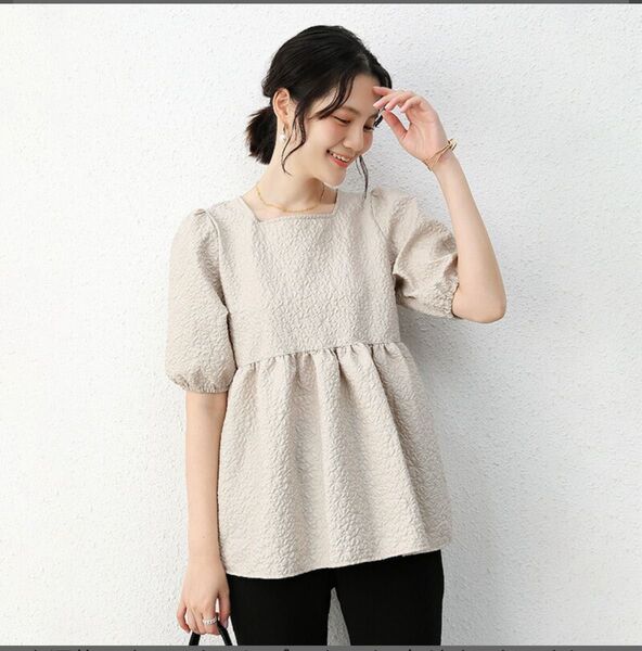 【試着のみ/未使用・Lサイズ・ベージュ】トップス ブラウス レディース 半袖 バルーン袖エンボス 凸凹 膨れ春夏ペプラム