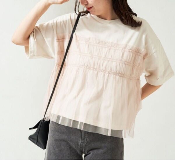 【新品】フリークスストア チュールフリル ドッキング 半袖 Tシャツ ナチュラル