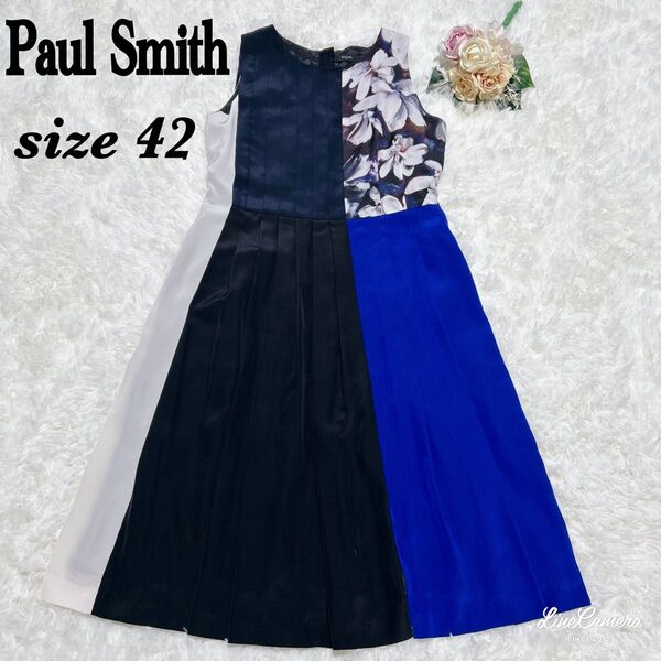 美品 Paul Smith Black ポールスミス ワンピース ノースリーブ プリーツ ブルー 花柄 プリーツ