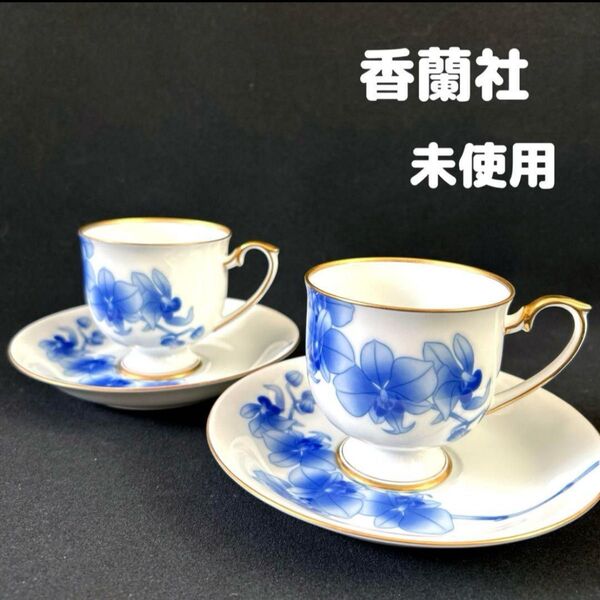 香蘭社 カップ&ソーサー 胡蝶蘭 2客セット 花柄 コーヒーカップ ティーカップ 脚付 コレクター ペアカップ