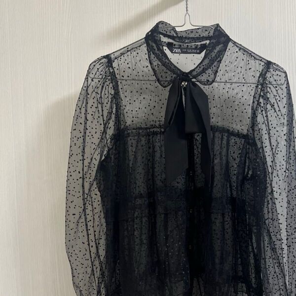 ZARA ドット柄ブラウス リボン シースルー ブラック S ザラ ドットチュール ブラウス