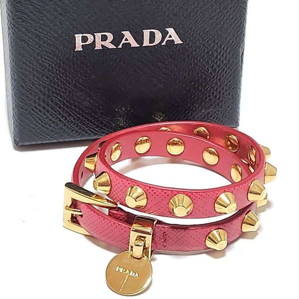 美品 PRADA プラダ ブレスレット バングル スタッヅ スタッズ ピンク サフィアーノ レザー ゴールド レディース 金具 箱