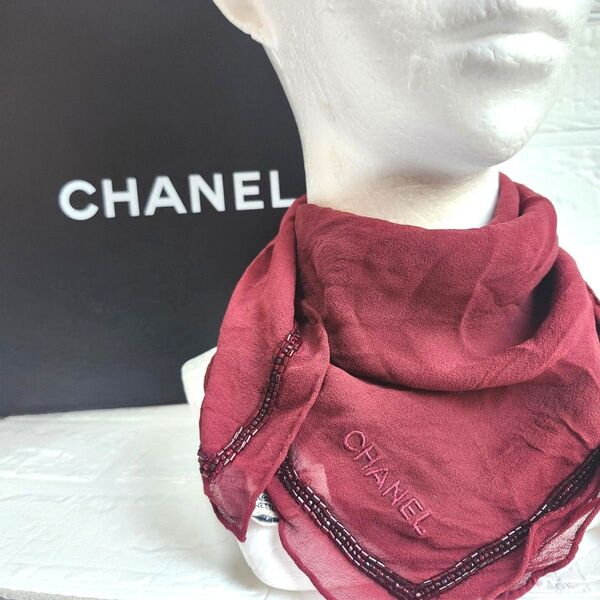 高級 シャネル CHANEL ココマーク スカーフ シルク silk イタリア製 ビーズ ボルドー ストール ロゴ 箱 レディース
