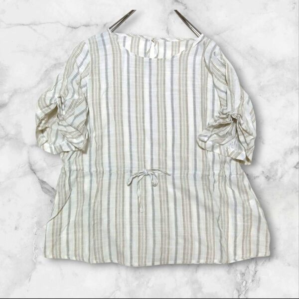 グローブ ストライプブラウス カットソー 裾長め ロールアップ袖 クロップド丈 ウエストリボン 春夏トップス 薄手 清涼感 L