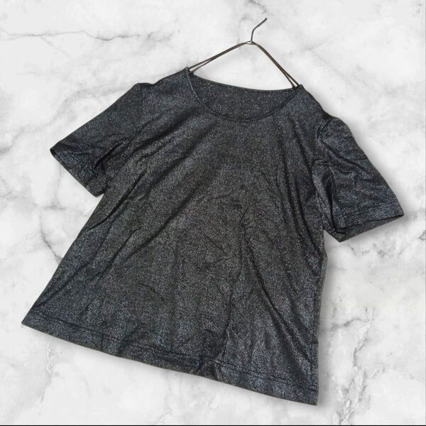 ピエールカルダン ラメ入り半袖カットソー Uネック Tシャツ 黒無地 伸縮性あり キレカジ М トップス夏用