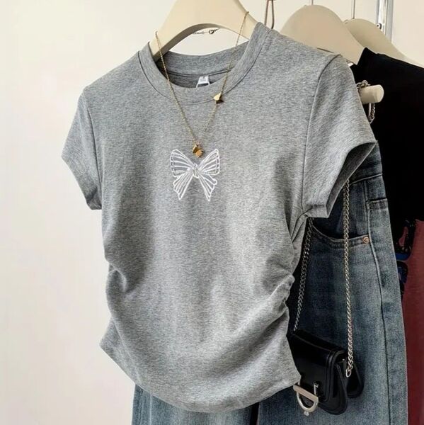 レディース Tシャツ ウエストシャーリング 杢グレー リボン柄 L 細身 新品