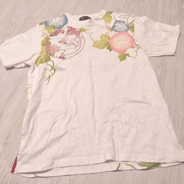 和柄 半袖 Tシャツ 錦 猫 刺繍 白 シャツ 朝顔 ユニセックス 半袖Tシャツ 白 L