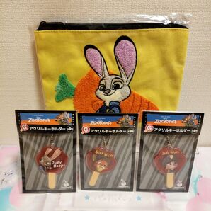Disney ズートピア ハッピーくじ サガラ刺繍ポーチ アクリルチャーム ニック / ジュディ 4点セット