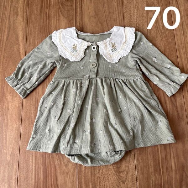 70cm ベビーザラス ワンピース ロンパース グリーン 緑 花柄 長袖