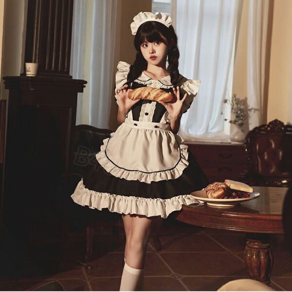 【新品未使用】メイド服 白×黒 Mサイズ 可愛い コスプレ クラシカル パフ袖 フリル 文化祭