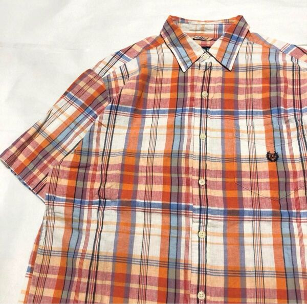 【美品】CHAPS チャプス オーバーサイズリネンシャツ M 綿麻 チェック 半袖 90s US古着 vintage ビンテージ