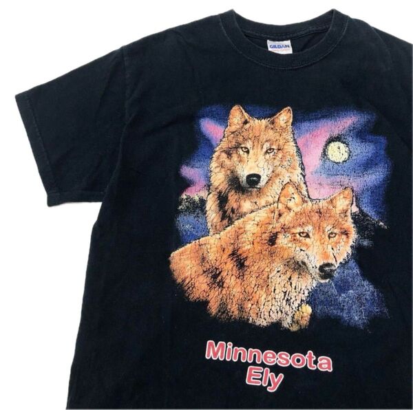 【ビンテージ】GILDAN ギルダン アニマルTシャツ 半袖カットソー M 狼 ブラック vintage ヴィンテージ 90s〜