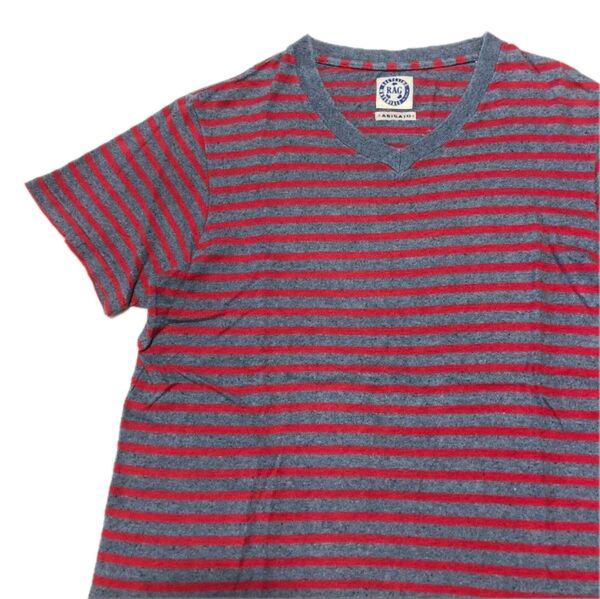 【美品】ARIGATOハリウッドランチマーケット リサイクルコットンTシャツ 日本製 半袖カットソー S ボーダー HRM聖林公司