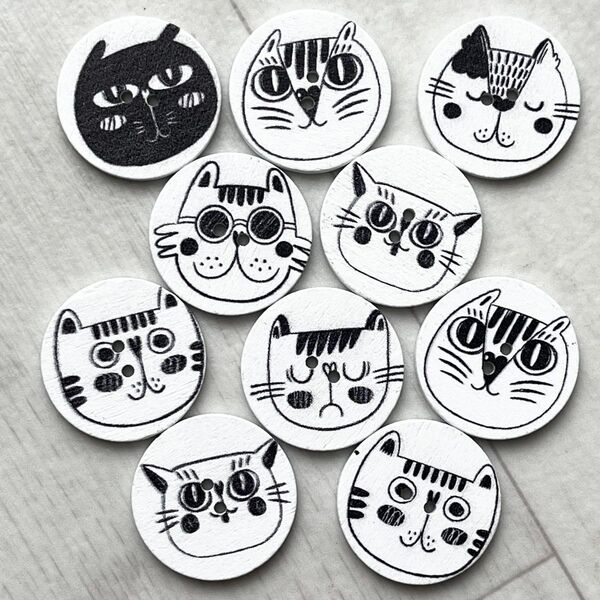 ウッドボタン ねこイラスト 木製ボタン 10個セット