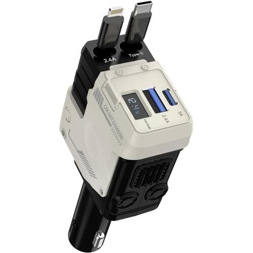 車載充電器シガーソケット 4台同時に充電 伸縮式ケーブル2本付き Type-C 102W/ 36W