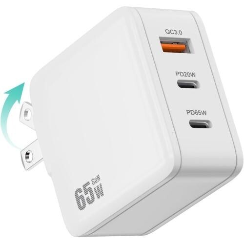 【超高速×超軽量】PD65W GaN充電器|Type-C×2+USB-A搭載・3台同時充電対応 折り畳みプラグ付き