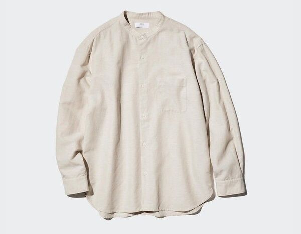 美品 今期ユニクロ メンズサイズM コットンリネンスタンドカラーシャツ 長袖 ベージュ