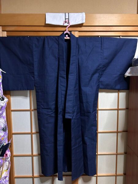 メンズ 着物 長着 単衣 普段着 ネイビー 毛絹混 着丈131cm