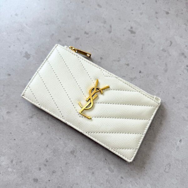 サンローラン フラグメントケース YSL カサンドラ キャビアスキン ジップカードケース ホワイト
