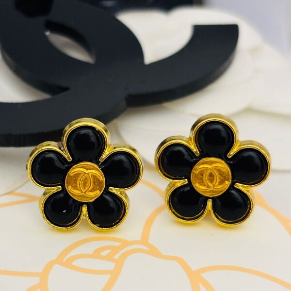 CHANEL シャネル フラワー イヤリング ヴィンテージ ブラック×ゴールド