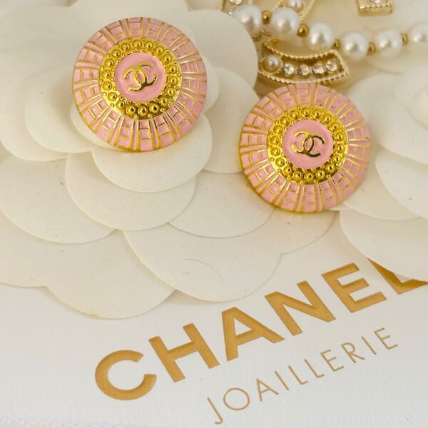 CHANEL シャネル ヴィンテージ ボタンイヤリング ココマーク ピンク×ゴールド