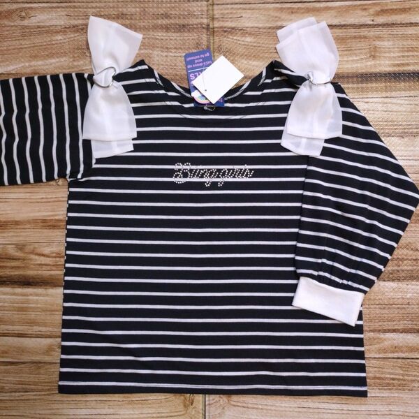 新品 未使用 英字プリント ボーダー 女の子 長袖Tシャツ ロンT 160