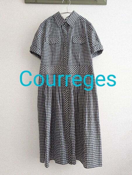 【良品】Courreges ギンガムチェック黒白 タックフレアーシャツワンピース