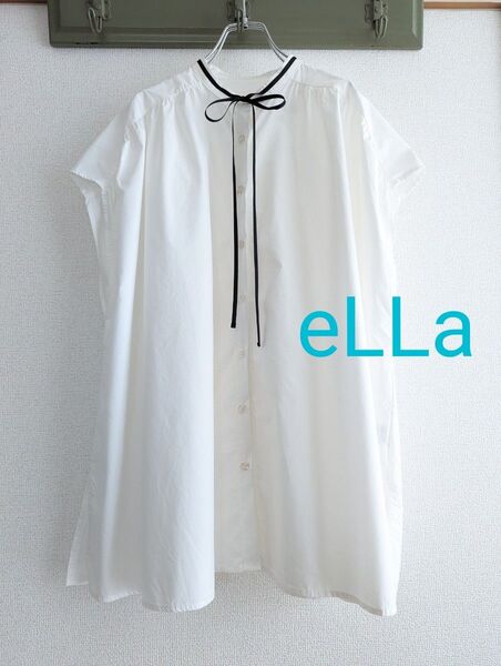 【良品】eLLa フレンチスリーブ 黒リボン ギャザーブラウス白