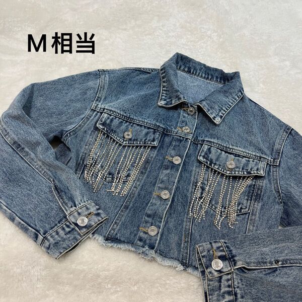 クロップドデニムジャケット Gジャン M相当 シルバーキラキラ切りっぱなし