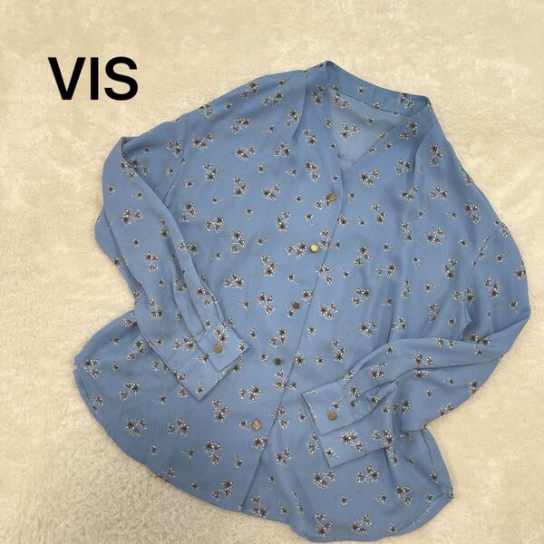 【VISビス】花柄ノーカラー薄手長袖シャツとろみ素材ブルー青フリー落ち感総柄 ブラウス