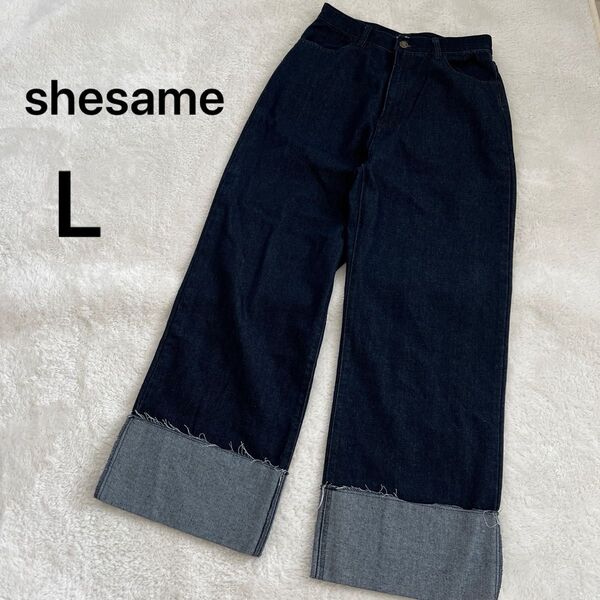 【美品shesameシーセム】リバーロールアップデニムパンツL 大きめサイズ デザインデニム インディゴ ワイドパンツ ジーンズ