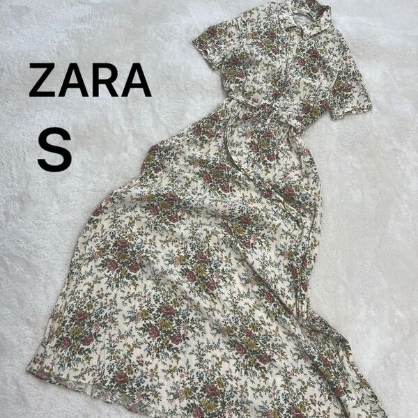 【ZARAザラ】シャツ風半袖ロングワンピースS花柄マキシ丈シワ加工ベージュ系