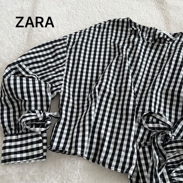 【ZARAザラ】長袖クロップドシャツブラウス ギンガムチェック黒白リボン袖M プルオーバー カットソー
