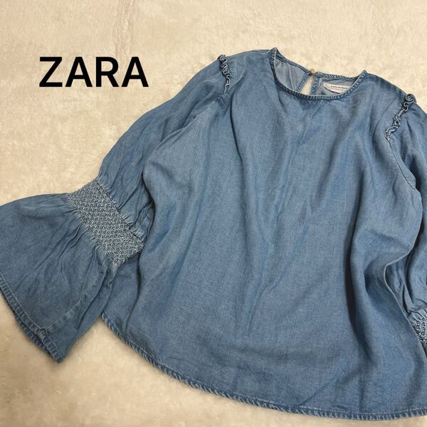 【ZARAザラ】ライトブルーデニム風無地フリル長袖トップスカットソーMぽわん袖