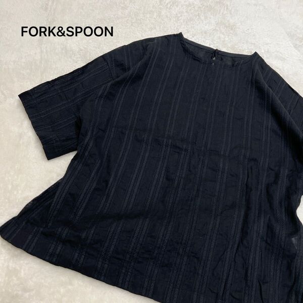 【FORK&SPOON】黒ブラック無地半袖ブラウス透け感トップスゆったり大きめ カットソー