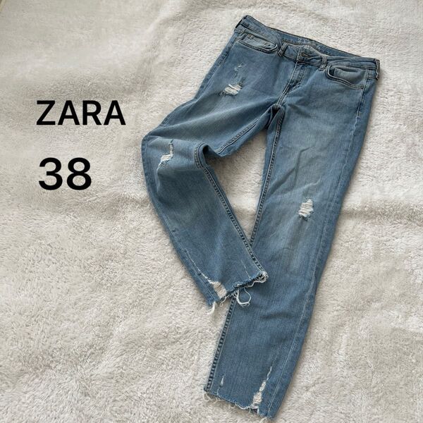 【ZARAザラ】ダメージジーンズ クラッシュデニム ライトブルー38Mテーパード ストレッチ