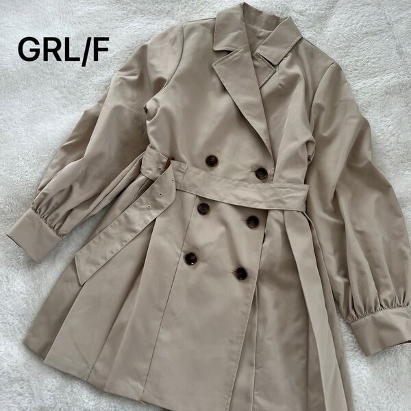【美品】手洗い可ひざ丈トレンチコート/ベージュ ギャザー袖プリーツ大きいサイズF