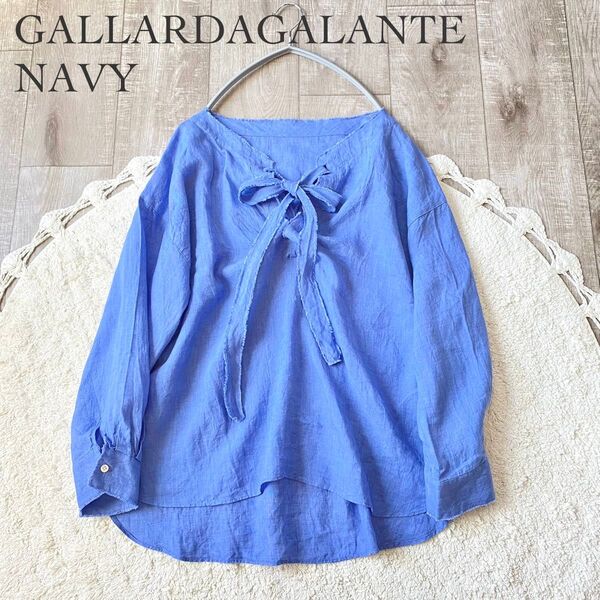 GALLARDAGALANTE NAVY リネンリボンブラウス ブルー フリーサイズ